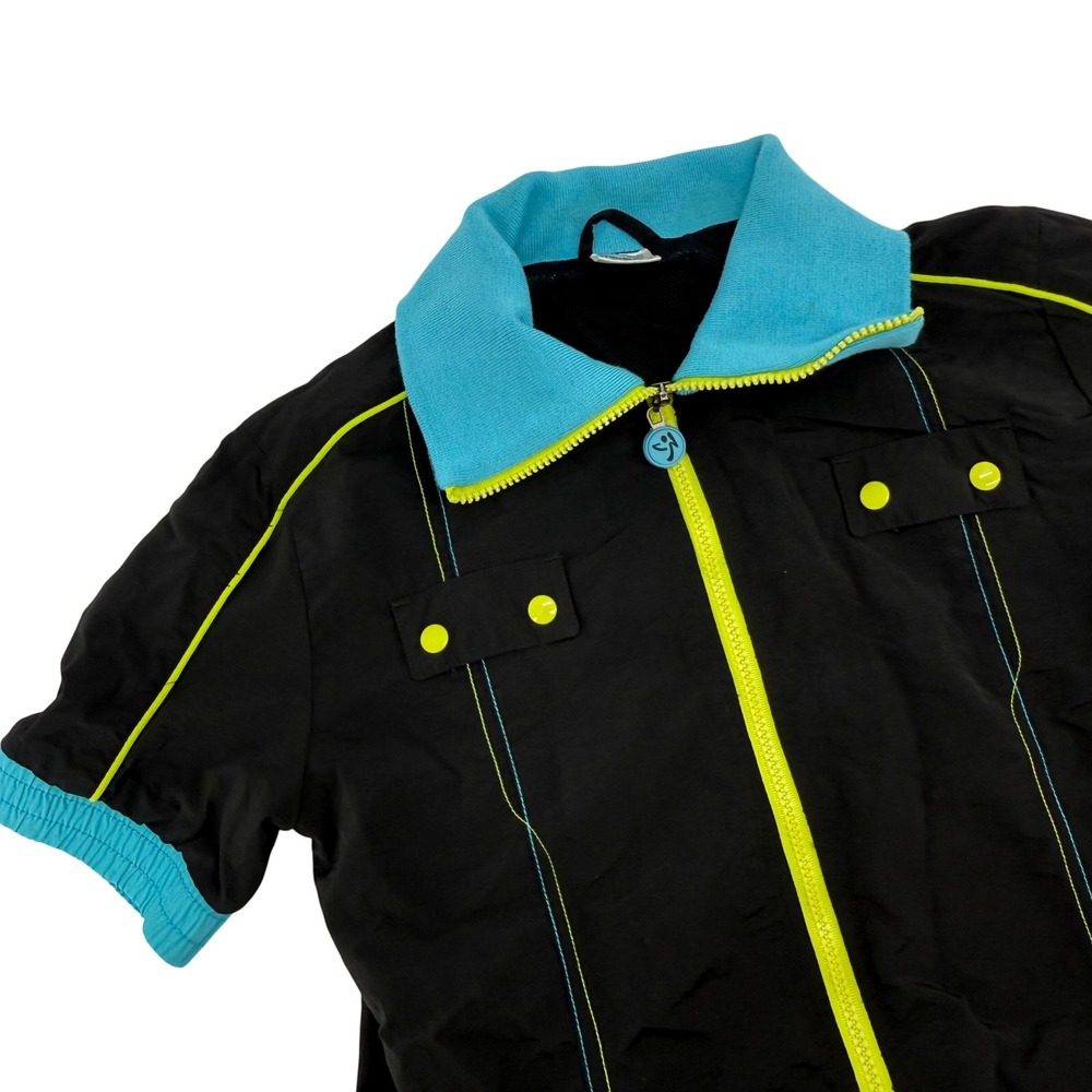 Zumba Fitness Womens M Black Neon Blue Yellow‎ Short Sleeve Windbreaker